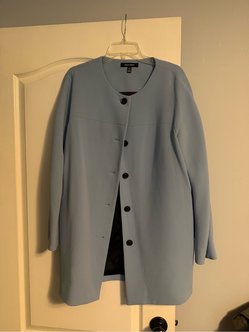 Ellen Tracy Powder Blue Collarless Single-Breasted Coat